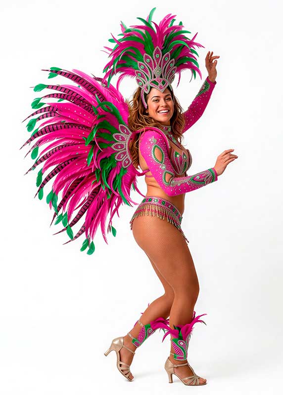clases-samba-no-pe-donostia Bailarina vestida de samba en clase de samba practicando el movimiento de pies no pé en Escuela Nushu